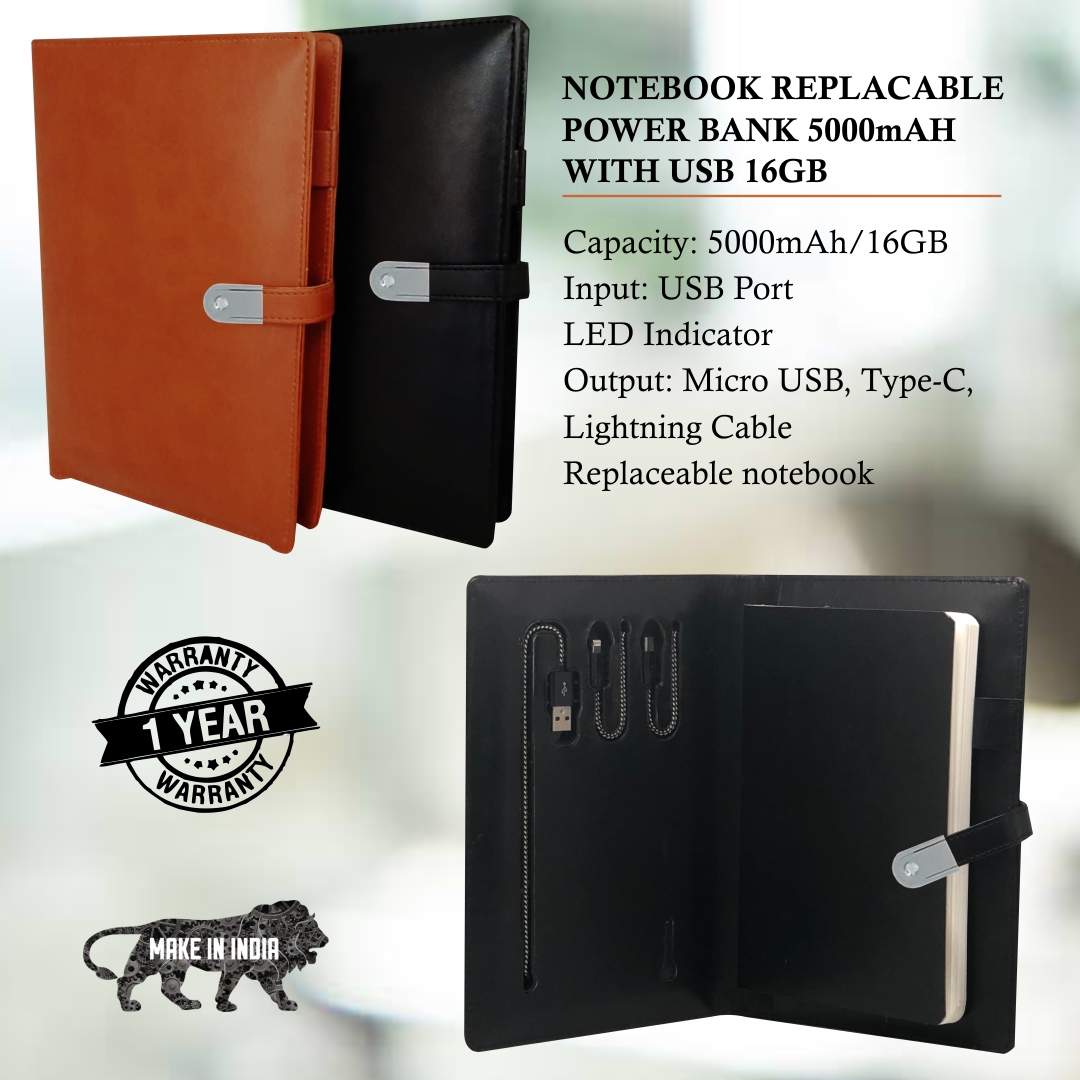 Notebook Replaceable Diary Power Bank 5000mAH with 16 GB USB Pendrive